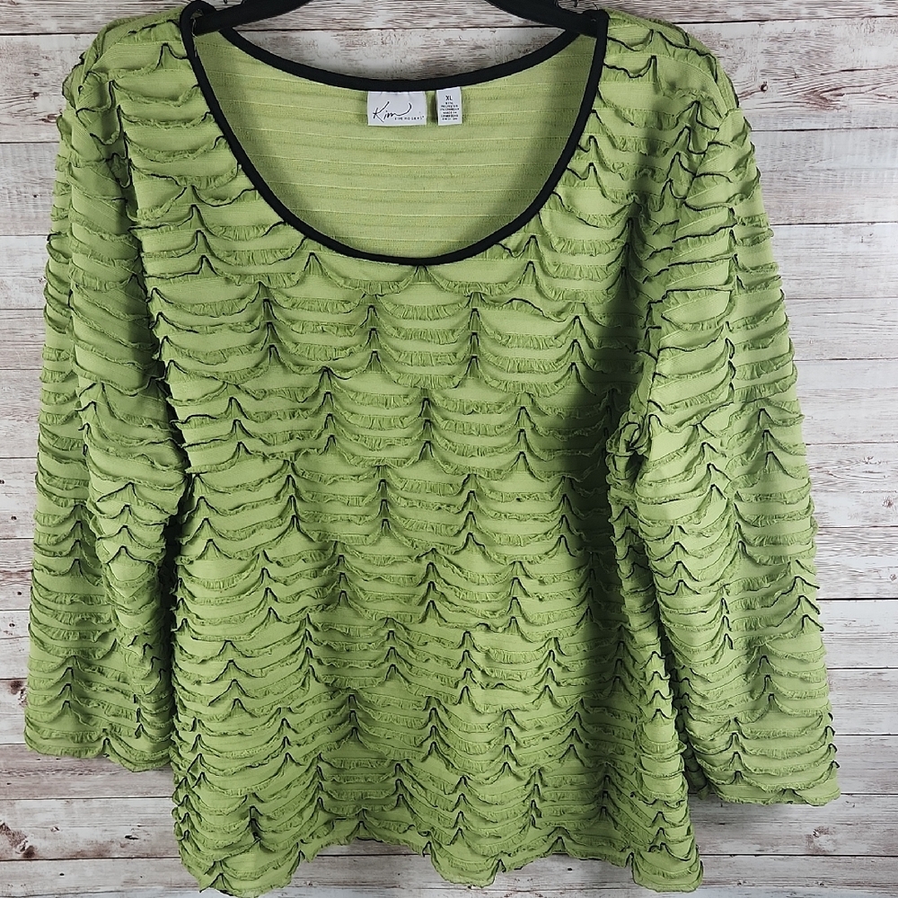 Kim Rogers, Green Ruffled Blouse with Short Sleeves
